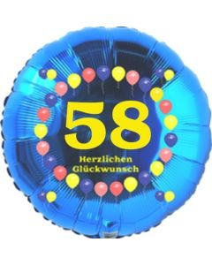 Luftballon aus Folie zum 58. Geburtstag, Herzlichen Glückwunsch Ballons 58, blau, ohne Ballongas