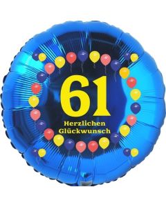 Luftballon aus Folie zum 61. Geburtstag, Herzlichen Glückwunsch Ballons 61, blau, ohne Ballongas