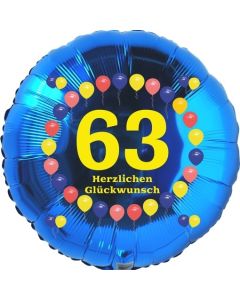 Luftballon aus Folie zum 63. Geburtstag, Herzlichen Glückwunsch Ballons 63, blau, ohne Ballongas