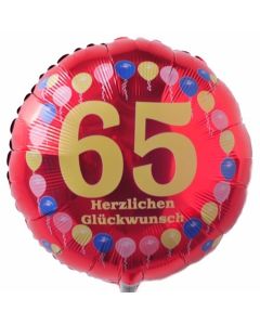 Luftballon aus Folie zum 65. Geburtstag, Herzlichen Glückwunsch Ballons 65, rot, ohne Ballongas
