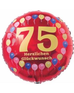 Luftballon aus Folie zum 75. Geburtstag, Herzlichen Glückwunsch Ballons 75, rot, ohne Ballongas