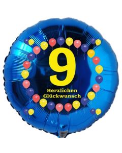 Luftballon aus Folie zum 9. Geburtstag, blauer Rundballon, Balloons, Herzlichen Glückwunsch, inklusive Ballongas