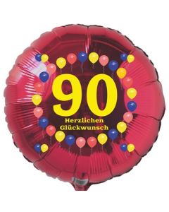 Luftballon aus Folie zum 90. Geburtstag, Herzlichen Glückwunsch Ballons 90, rot, ohne Ballongas