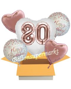 5 Luftballons zum 80. Geburtstag, Herz Jumbo 3D Sparkling Fizz  Birthday Roségold 80