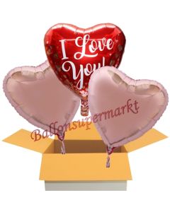 I Love you Rose Gold Hearts, 3 Stück Luftballons aus Folie als Liebesbotschaft, inklusive Helium