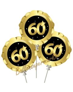 Mini-Folienballons Zahl 60 Schwarz-Gold, selbstaufblasend, 3 Stück