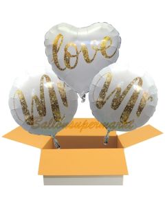 3 Hochzeitsballons, Mr & Mr in Love Gold-Glitter, inklusive Ballongas Helium