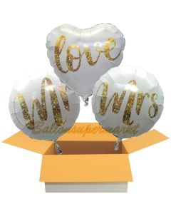 3 Hochzeitsballons, Mr & Mrs in Love Gold-Glitter, inklusive Ballongas Helium