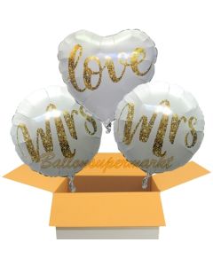 3 Hochzeitsballons, Mrs & Mrs in Love Gold-Glitter, inklusive Ballongas Helium