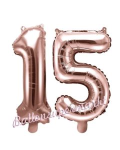 Zahlen-Luftballons aus Folie, Zahl 15 zum 15. Geburtstag und Jubiläum, Rosegold, 35 cm