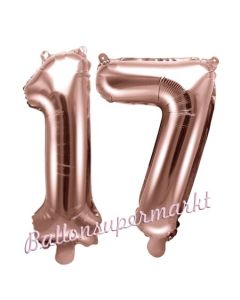 Zahlen-Luftballons aus Folie, Zahl 17 zum 17. Geburtstag und Jubiläum, Rosegold, 35 cm