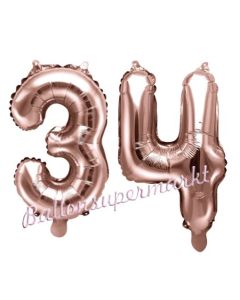 Zahlen-Luftballons aus Folie, Zahl 34 zum 34. Geburtstag und Jubiläum, Rosegold, 35 cm