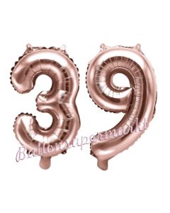 Zahlen-Luftballons aus Folie, Zahl 39 zum 39. Geburtstag und Jubiläum, Rosegold, 35 cm