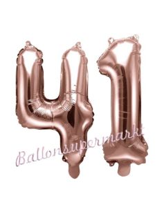 Zahlen-Luftballons aus Folie, Zahl 41 zum 41. Geburtstag und Jubiläum, Rosegold, 35 cm