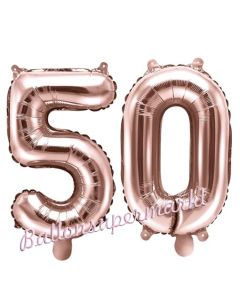 Zahlen-Luftballons aus Folie, Zahl 50 zum 50. Geburtstag und Jubiläum, Rosegold, 35 cm