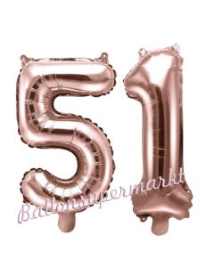 Zahlen-Luftballons aus Folie, Zahl 51 zum 51. Geburtstag und Jubiläum, Rosegold, 35 cm