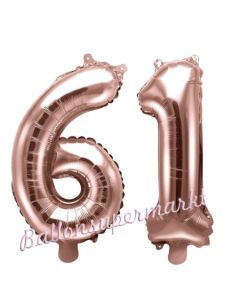 Zahlen-Luftballons aus Folie, Zahl 61 zum 61. Geburtstag und Jubiläum, Rosegold, 35 cm