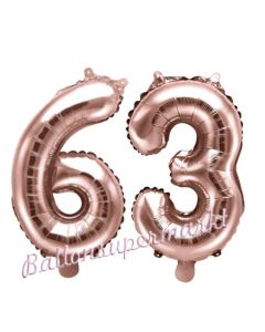 Zahlen-Luftballons aus Folie, Zahl 63 zum 63. Geburtstag und Jubiläum, Rosegold, 35 cm