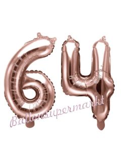 Zahlen-Luftballons aus Folie, Zahl 64 zum 64. Geburtstag und Jubiläum, Rosegold, 35 cm