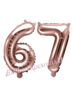Zahlen-Luftballons aus Folie, Zahl 67 zum 67. Geburtstag und Jubiläum, Rosegold, 35 cm