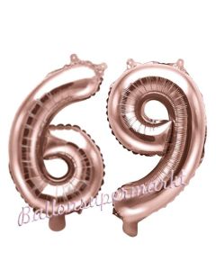 Zahlen-Luftballons aus Folie, Zahl 69 zum 69. Geburtstag und Jubiläum, Rosegold, 35 cm