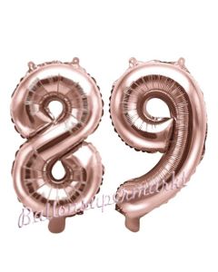 Zahlen-Luftballons aus Folie, Zahl 89 zum 89.Geburtstag und Jubiläum, Rosegold, 35 cm