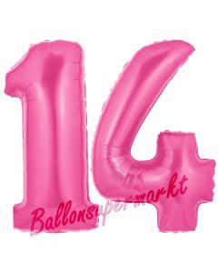 Zahl 14 Pink, Luftballons aus Folie zum 14. Geburtstag, 100 cm, inklusive Helium