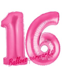 Zahl 16, Pink, Luftballons aus Folie zum 16. Geburtstag, 100 cm, inklusive Helium