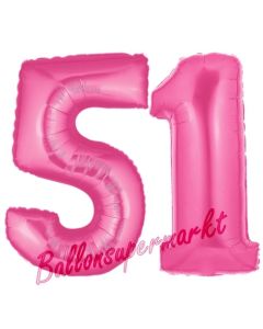 Zahl 51, Pink, Luftballons aus Folie zum 51. Geburtstag, 100 cm, inklusive Helium