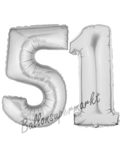 Zahl 51, Silber, Luftballons aus Folie zum 51. Geburtstag, 100 cm, inklusive Helium