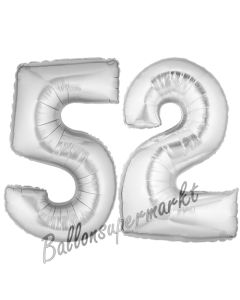 Zahl 52, Silber, Luftballons aus Folie zum 52. Geburtstag, 100 cm, inklusive Helium