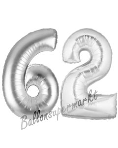 Zahl 62, Silber, Luftballons aus Folie zum 62. Geburtstag, 100 cm, inklusive Helium