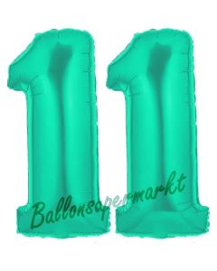 Zahl 11, Aquamarin, Luftballons aus Folie zum 11. Geburtstag, 100 cm, inklusive Helium