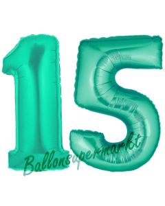 Zahl 15, Aquamarin, Luftballons aus Folie zum 15. Geburtstag, 100 cm, inklusive Helium
