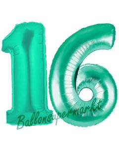 Zahl 16, Aquamarin, Luftballons aus Folie zum 16. Geburtstag, 100 cm, inklusive Helium