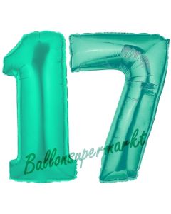 Zahl 17, Aquamarin, Luftballons aus Folie zum 17. Geburtstag, 100 cm, inklusive Helium