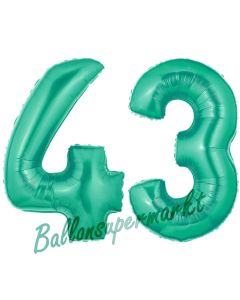 Zahl 43 Aquamarin, Luftballons aus Folie zum 43. Geburtstag, 100 cm, inklusive Helium
