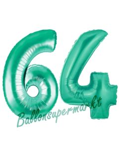 Zahl 64 Aquamarin, Luftballons aus Folie zum 64. Geburtstag, 100 cm, inklusive Helium