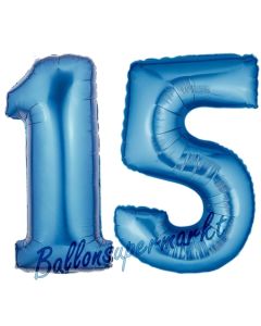 Zahl 15 Blau, Luftballons aus Folie zum 15. Geburtstag, 100 cm, inklusive Helium