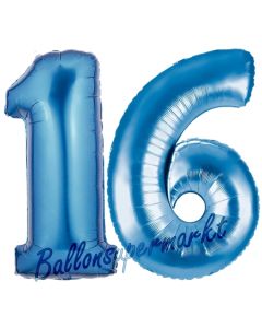 Zahl 16, blau, Luftballons aus Folie zum 16. Geburtstag, 100 cm, inklusive Helium