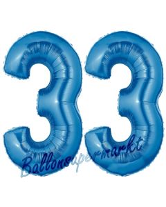 Zahl 33, Blau, Luftballons aus Folie zum 33. Geburtstag, 100 cm, inklusive Helium