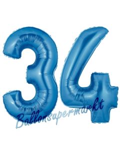 Zahl 34, Blau, Luftballons aus Folie zum 34. Geburtstag, 100 cm, inklusive Helium