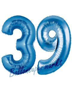 Zahl 39, Blau, Luftballons aus Folie zum 39. Geburtstag, 100 cm, inklusive Helium