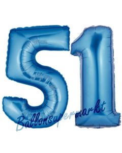 Zahl 51, Blau, Luftballons aus Folie zum 51. Geburtstag, 100 cm, inklusive Helium