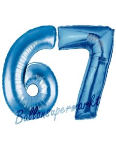 Zahl 67, Blau, Luftballons aus Folie zum 67. Geburtstag, 100 cm, inklusive Helium