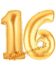 Zahl 16, Gold, Luftballons aus Folie zum 16. Geburtstag, 100 cm, inklusive Helium