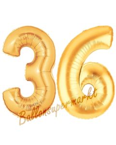 Zahl 36, Gold, Luftballons aus Folie zum 36. Geburtstag, 100 cm, inklusive Helium