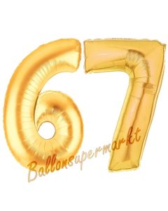 Zahl 67, Gold, Luftballons aus Folie zum 67. Geburtstag, 100 cm, inklusive Helium