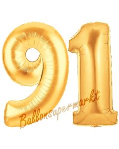 Zahl 91, Gold, Luftballons aus Folie zum 91. Geburtstag, 100 cm, inklusive Helium