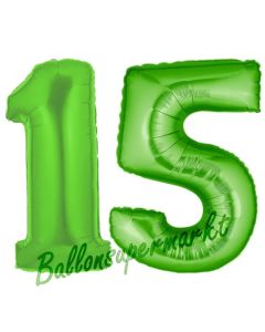 Zahl 15 Grün, Luftballons aus Folie zum 15. Geburtstag, 100 cm, inklusive Helium